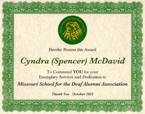 Picture of Cyndra (Spencer) McDavid Certificate